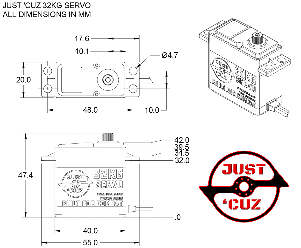 Combat Robot Servo - 32kg-cm True 200 Degree with Stall Protection