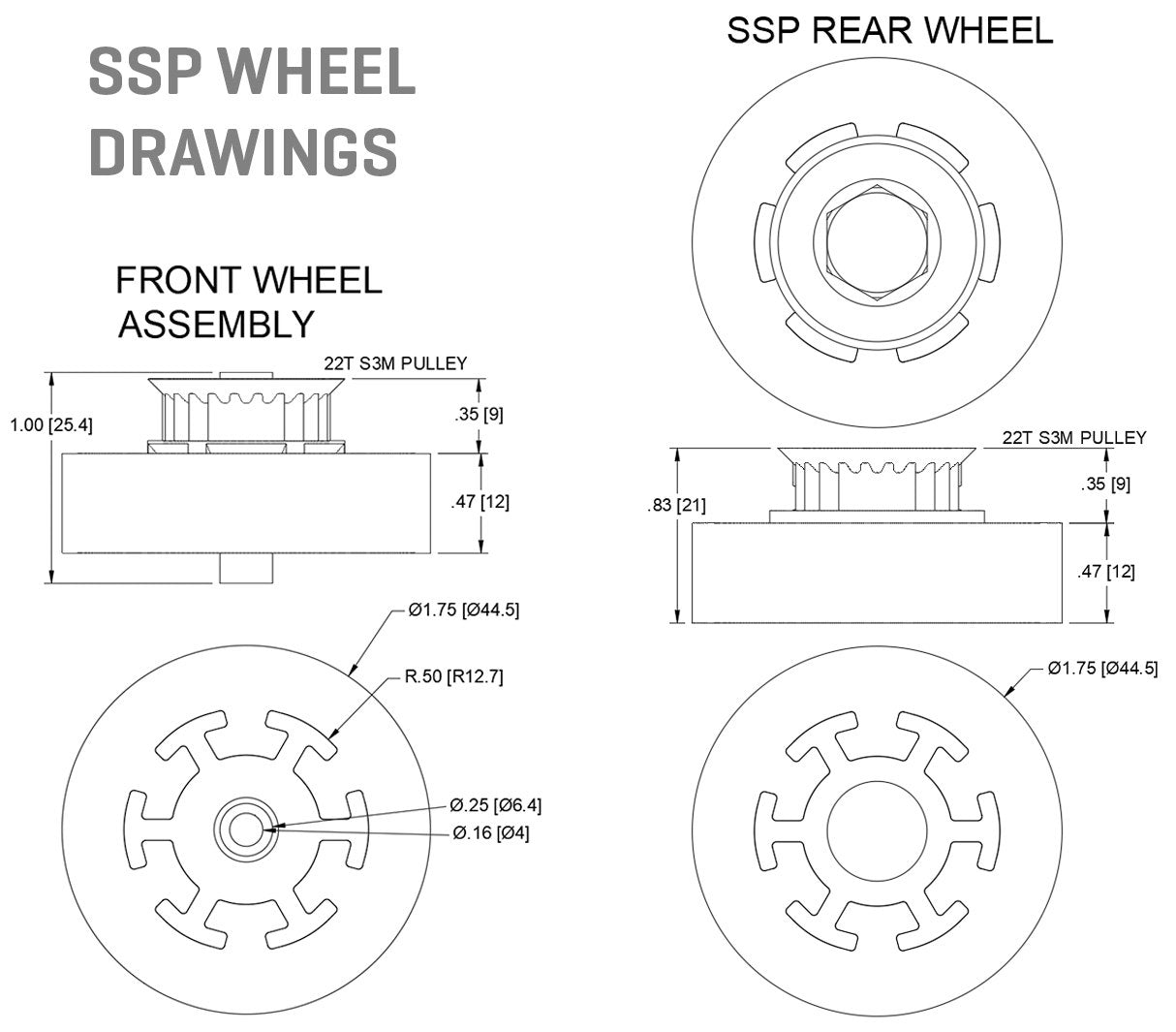 SSP Wheels: 1.75 x 0.5 inch with Integrated Pulleys